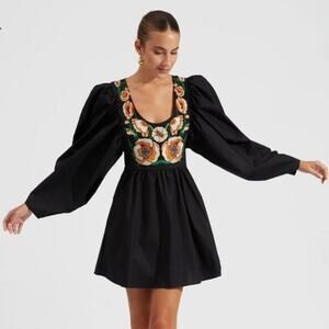 NWT La Double J Dolly Embroidered Dress Solid Black in Popeline Cotton XXS